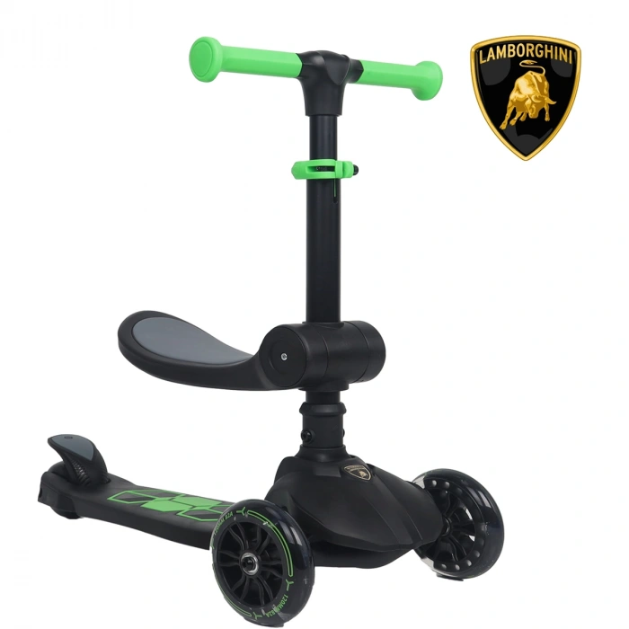 Lisanslı L5 2in1 Katlanabilir Oturaklı Işıklı 3 Tekerlekli Çocuk Scooter Yeşil Siyah