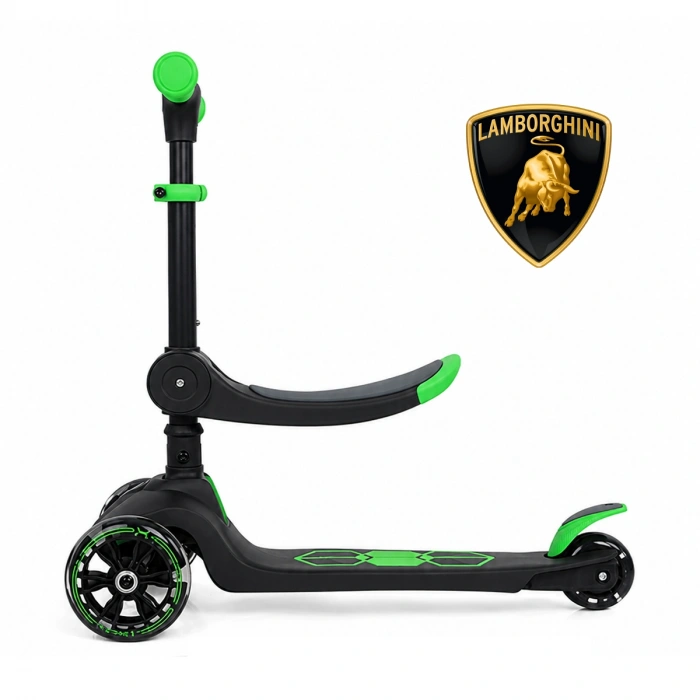 Lisanslı L5 2in1 Katlanabilir Oturaklı Işıklı 3 Tekerlekli Çocuk Scooter Yeşil Siyah