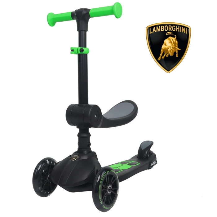 Lisanslı L5 2in1 Katlanabilir Oturaklı Işıklı 3 Tekerlekli Çocuk Scooter Yeşil Siyah