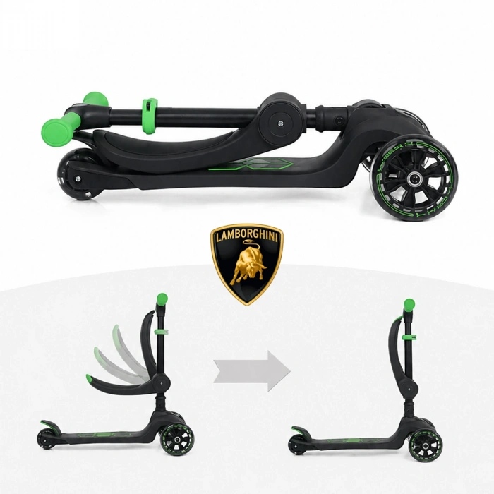Lisanslı L5 2in1 Katlanabilir Oturaklı Işıklı 3 Tekerlekli Çocuk Scooter Yeşil Siyah
