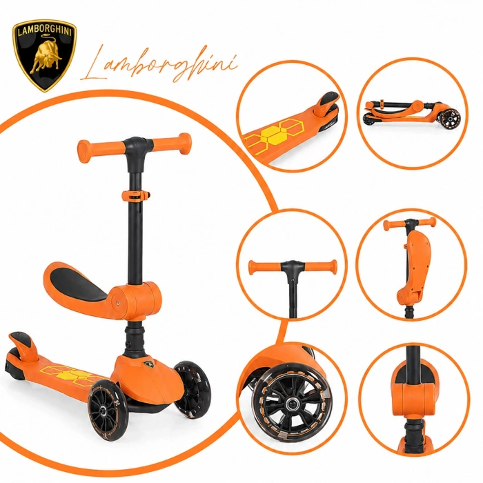 Lisanslı L5 2in1 Katlanabilir Oturaklı Işıklı 3 Tekerlekli Çocuk Scooter Turuncu