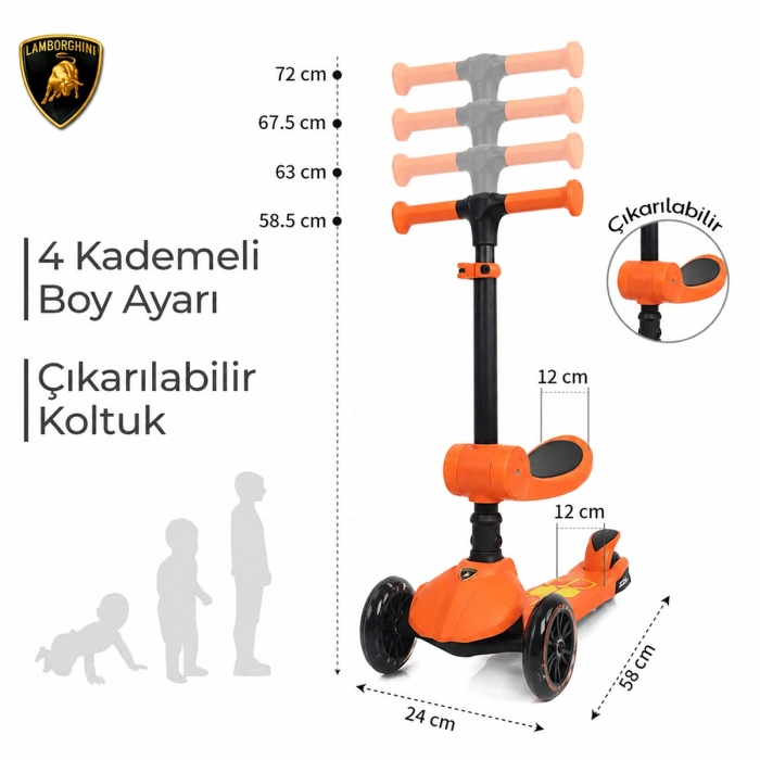 Lisanslı L5 2in1 Katlanabilir Oturaklı Işıklı 3 Tekerlekli Çocuk Scooter Turuncu