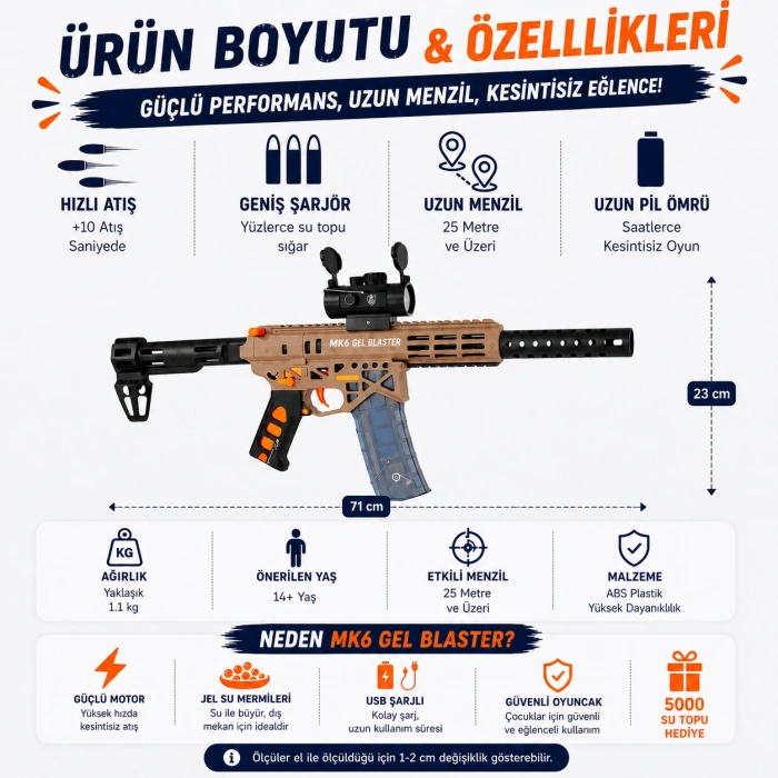 MK6 Gel Blaster Su Topu Atan Oyuncak Şarjlı Bej