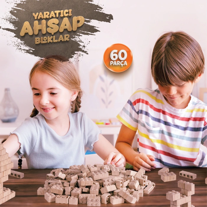 Organik Doğal Ahşap 60 Parça Eğitici Ahşap Yapı Blokları Lego