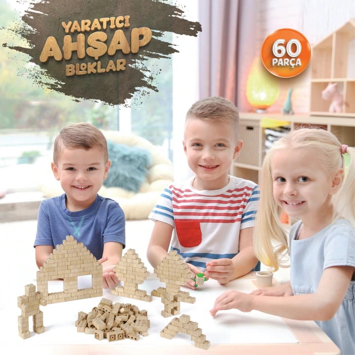 Organik Doğal Ahşap 60 Parça Eğitici Ahşap Yapı Blokları Lego