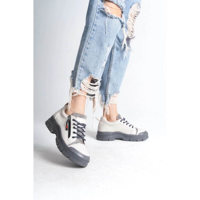 AGATHA Bağcıklı Fermuarlı Ortopedik Taban Kadın Sneaker Spor Ayakkabı CGT - Krem