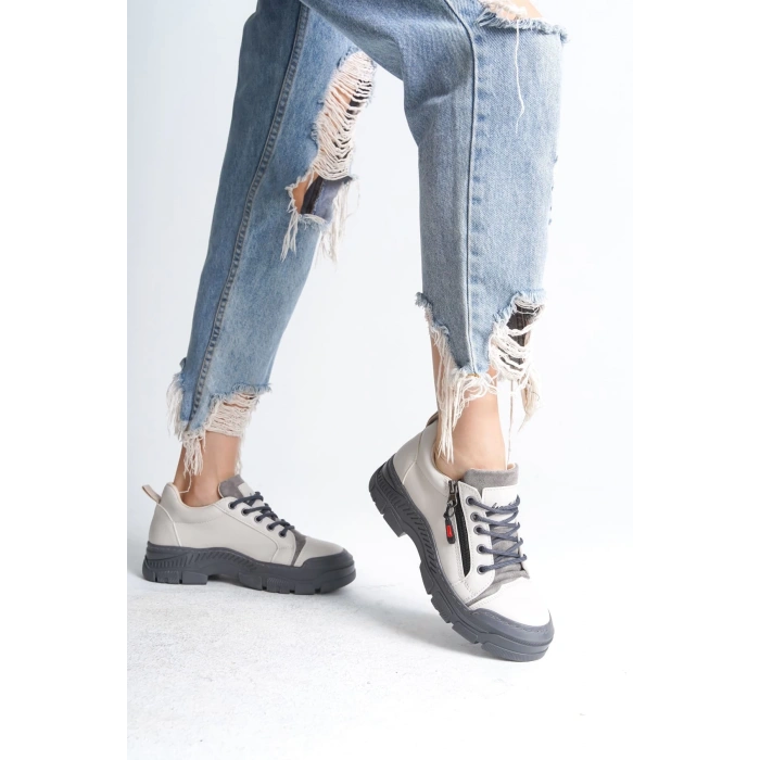 AGATHA Bağcıklı Fermuarlı Ortopedik Taban Kadın Sneaker Spor Ayakkabı CGT - Krem