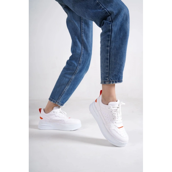 ALESSI Bağcıklı Ortopedik Taban Kadın Sneaker Spor Ayakkabı CBT - Beyaz/Turuncu