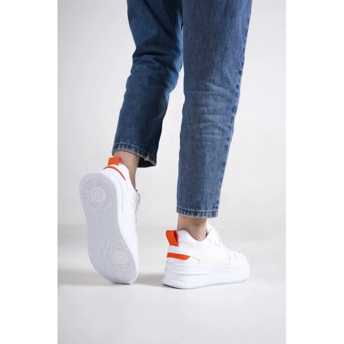 ALESSI Bağcıklı Ortopedik Taban Kadın Sneaker Spor Ayakkabı CBT - Beyaz/Turuncu