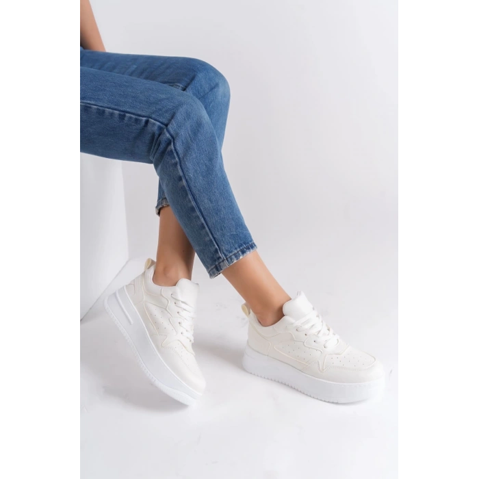 ALESSI Bağcıklı Ortopedik Taban Kadın Sneaker Spor Ayakkabı CBT - Kırık Beyaz