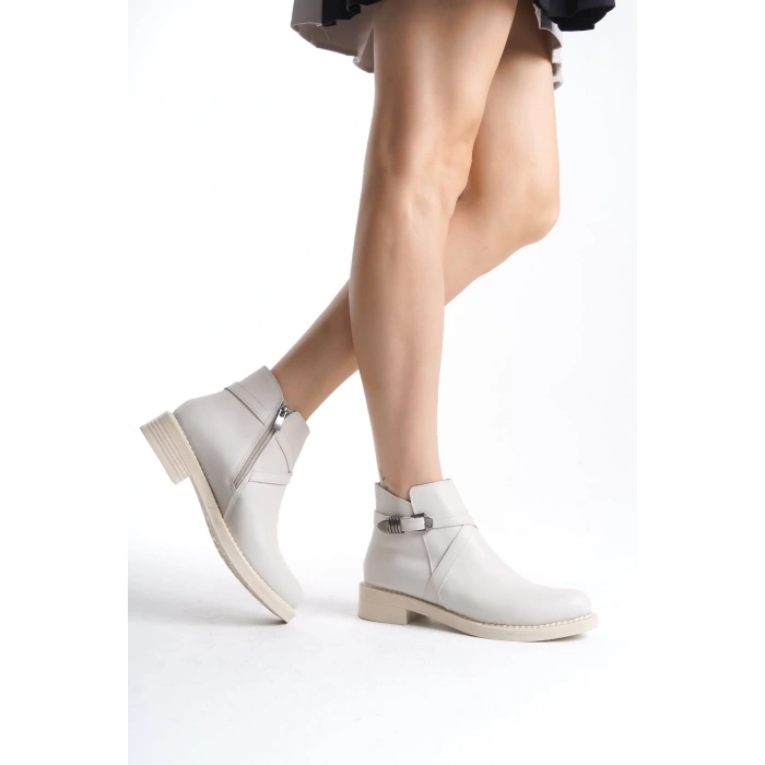 ALMILA Fermuarlı Lastikli Ortopedik Taban Topuklu Kadın Bot  CKT - Krem