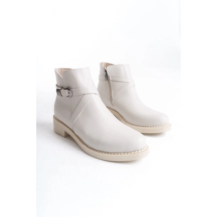 ALMILA Fermuarlı Lastikli Ortopedik Taban Topuklu Kadın Bot  CKT - Krem