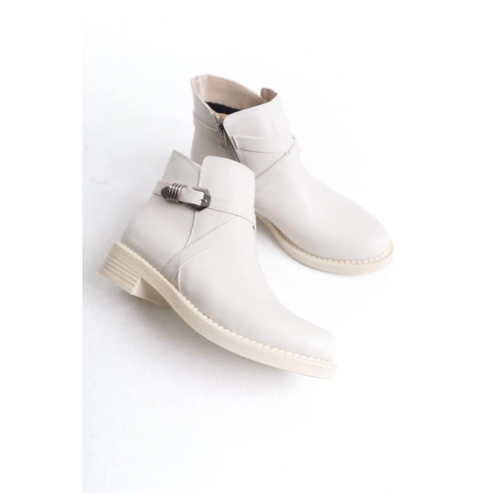 ALMILA Fermuarlı Lastikli Ortopedik Taban Topuklu Kadın Bot  CKT - Krem