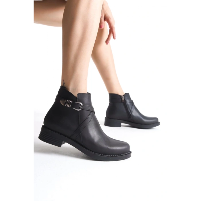 ALMILA Fermuarlı Lastikli Ortopedik Taban Topuklu Kadın Bot CST - Siyah