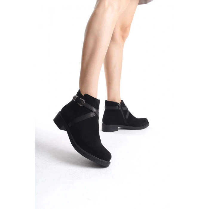 ALMILA Fermuarlı Lastikli Ortopedik Taban Topuklu Süet Kadın Bot SST - Siyah