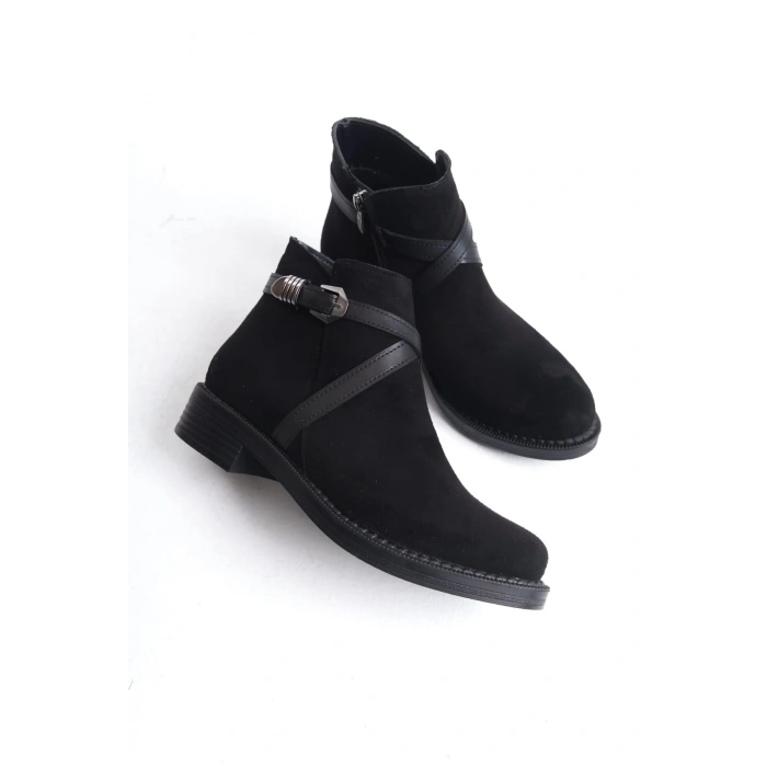 ALMILA Fermuarlı Lastikli Ortopedik Taban Topuklu Süet Kadın Bot SST - Siyah