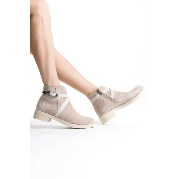 ALMILA Fermuarlı Lastikli Ortopedik Taban Topuklu Süet Kadın Bot  STT - Ten