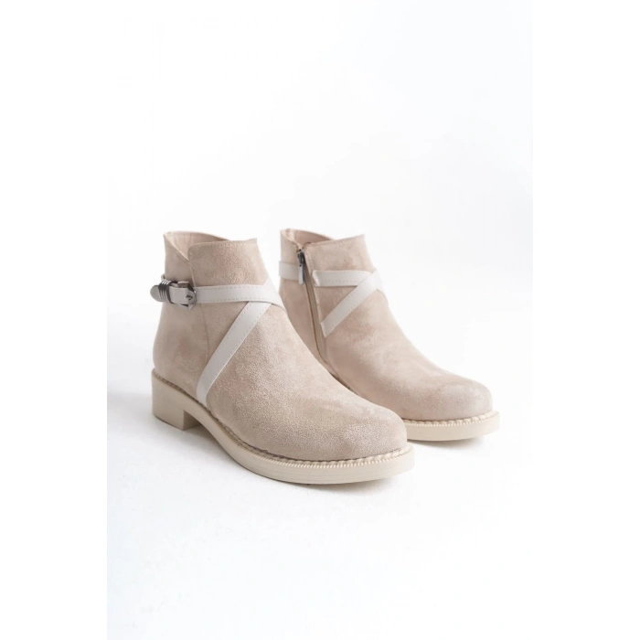ALMILA Fermuarlı Lastikli Ortopedik Taban Topuklu Süet Kadın Bot  STT - Ten