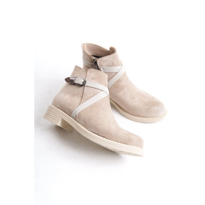 ALMILA Fermuarlı Lastikli Ortopedik Taban Topuklu Süet Kadın Bot  STT - Ten