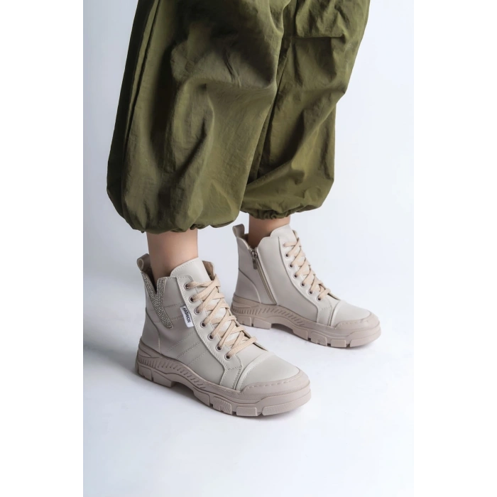 AMBER Bağcıklı Fermuarlı Ortopedik Taban Kadın Bot  CKT - Krem