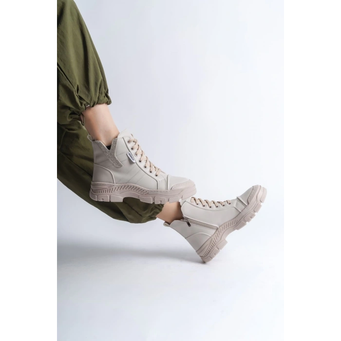 AMBER Bağcıklı Fermuarlı Ortopedik Taban Kadın Bot  CKT - Krem