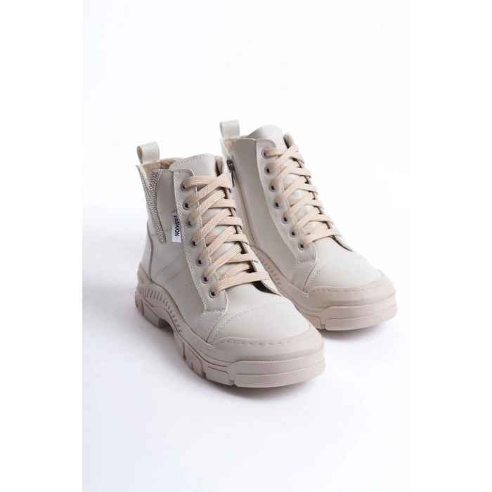 AMBER Bağcıklı Fermuarlı Ortopedik Taban Kadın Bot  CKT - Krem