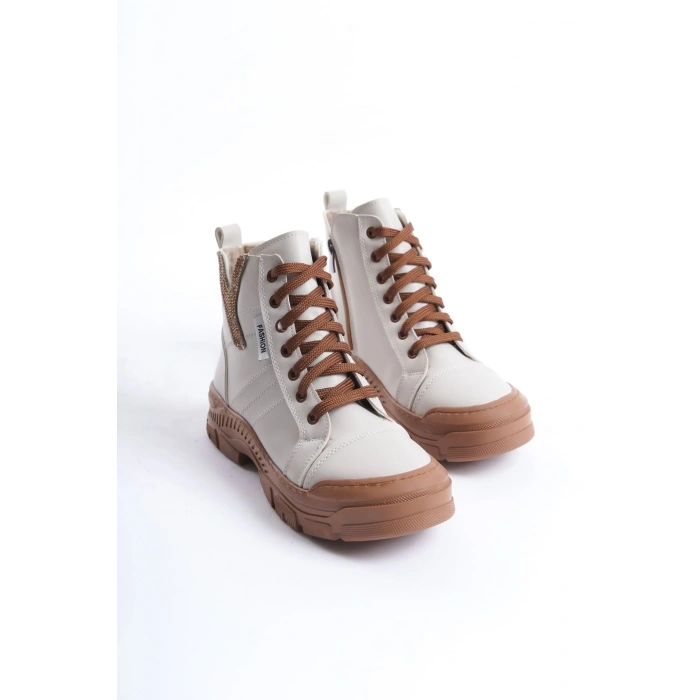 AMBER Bağcıklı Fermuarlı Ortopedik Taban Kadın Bot  CTT - Krem