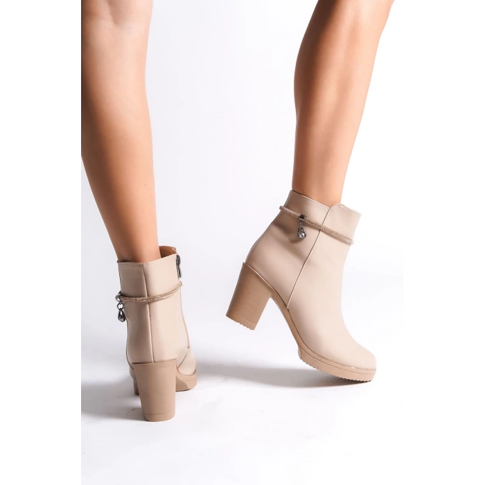 ARIA Fermuarlı Ortopedik Taban Taşlı Topuklu Kadın Bot CTT - Ten