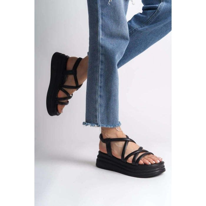 BELLA Lastikli Şerit Detaylı Ortopedik Taban Kadın Sandalet CST - Siyah