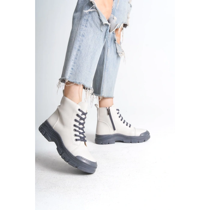 BLOOM Bağcıklı Fermuarlı Ortopedik Taban Kadın Bot  CGT - Krem