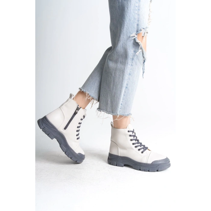 BLOOM Bağcıklı Fermuarlı Ortopedik Taban Kadın Bot  CGT - Krem