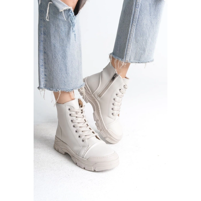 BLOOM Bağcıklı Fermuarlı Ortopedik Taban Kadın Bot  CKT - Krem