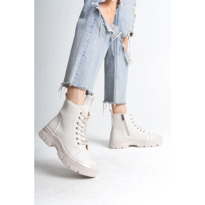 BLOOM Bağcıklı Fermuarlı Ortopedik Taban Kadın Bot  CKT - Krem