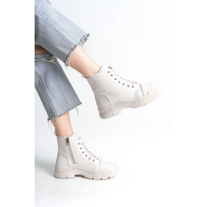 BLOOM Bağcıklı Fermuarlı Ortopedik Taban Kadın Bot  CKT - Krem