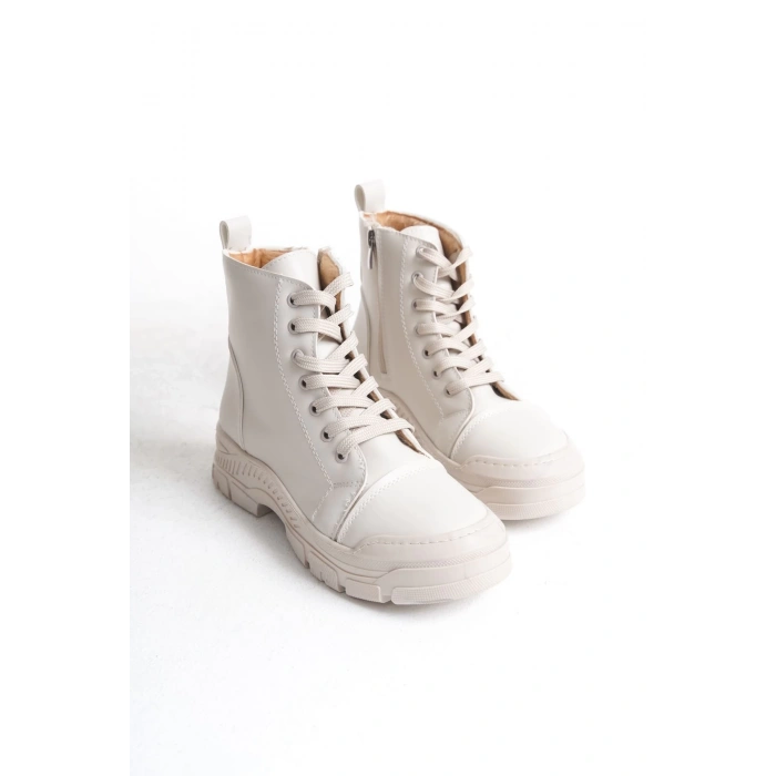 BLOOM Bağcıklı Fermuarlı Ortopedik Taban Kadın Bot  CKT - Krem