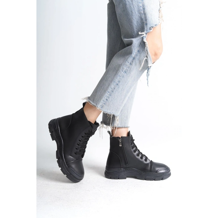 BLOOM Bağcıklı Fermuarlı Ortopedik Taban Kadın Bot CST - Siyah