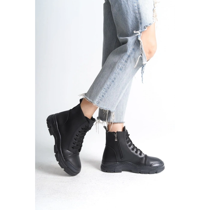 BLOOM Bağcıklı Fermuarlı Ortopedik Taban Kadın Bot CST - Siyah