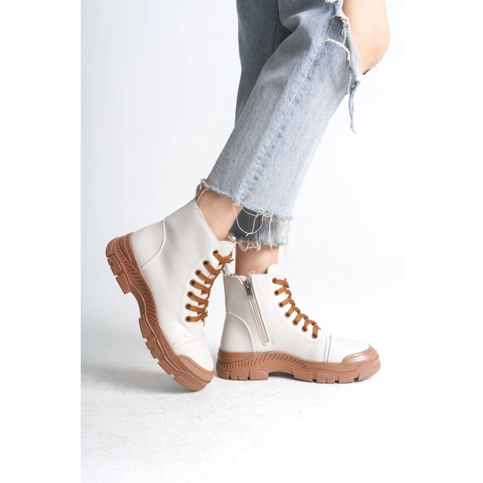 BLOOM Bağcıklı Fermuarlı Ortopedik Taban Kadın Bot  CTT - Krem