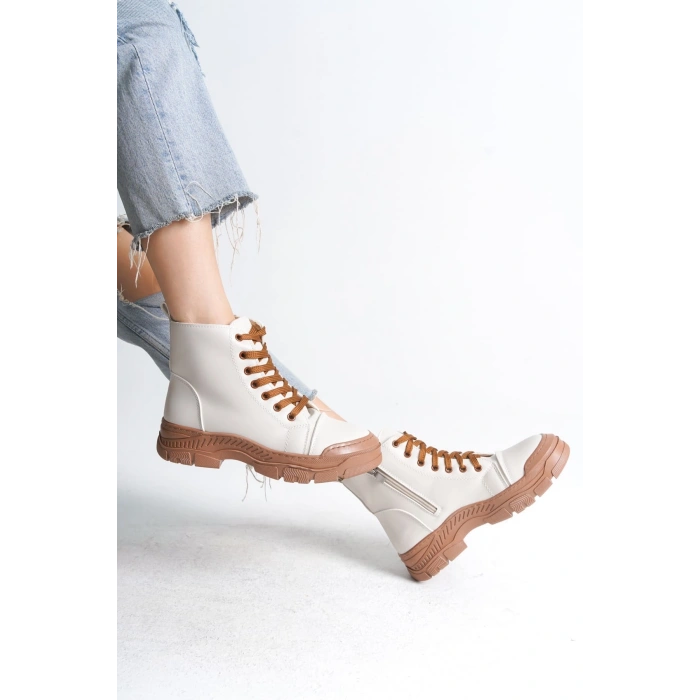 BLOOM Bağcıklı Fermuarlı Ortopedik Taban Kadın Bot  CTT - Krem