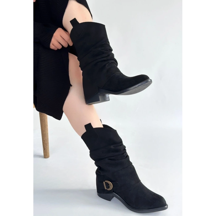 Canty Siyah Süet Körüklü Topuklu Çizme