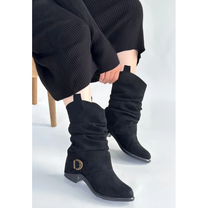 Canty Siyah Süet Körüklü Topuklu Çizme