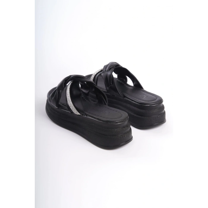 CLARA Düz Topuklu Kurdele Desenli Taşlı Kalın ve Ortopedik Taban Kadın Terlik  CST - Siyah