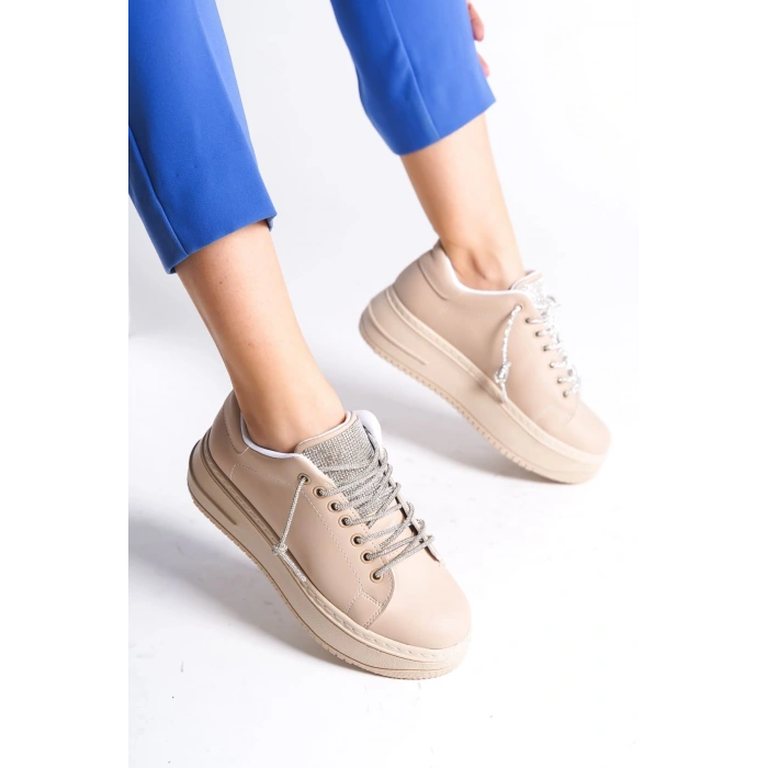 DELLA Bağcıklı Ortopedik Taban Taşlı Kadın Sneaker Spor Ayakkabı CTT - Ten