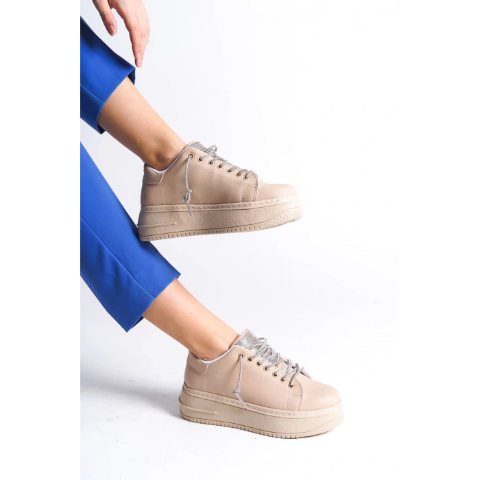 DELLA Bağcıklı Ortopedik Taban Taşlı Kadın Sneaker Spor Ayakkabı CTT - Ten