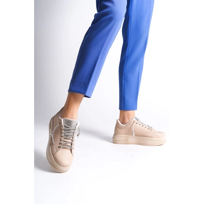 DELLA Bağcıklı Ortopedik Taban Taşlı Kadın Sneaker Spor Ayakkabı CTT - Ten