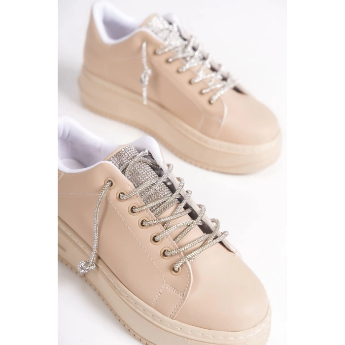 DELLA Bağcıklı Ortopedik Taban Taşlı Kadın Sneaker Spor Ayakkabı CTT - Ten