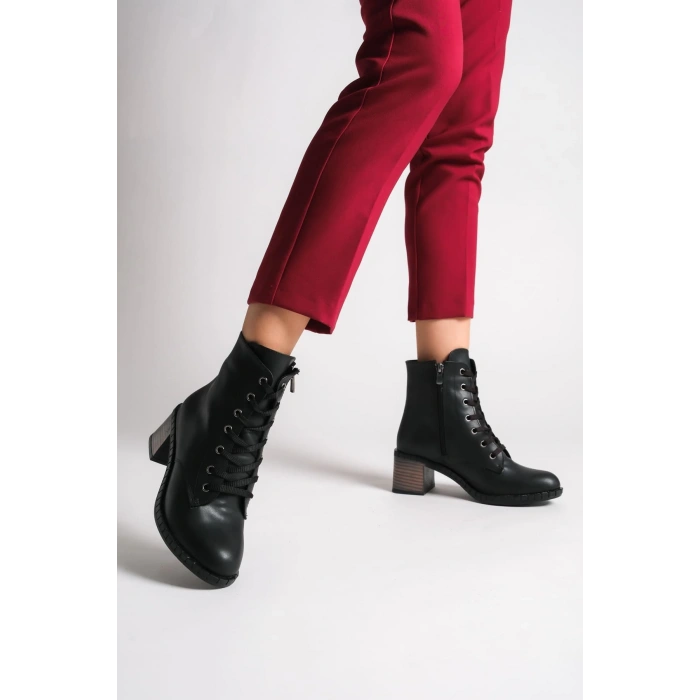 DIANA Bağcıklı Fermuarlı Ortopedik Taban Topuklu Kadın Bot CST - Siyah