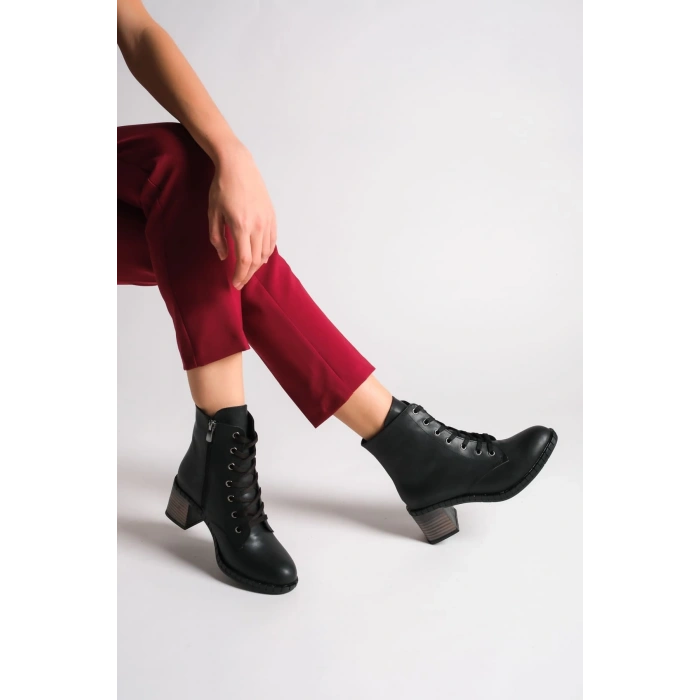 DIANA Bağcıklı Fermuarlı Ortopedik Taban Topuklu Kadın Bot CST - Siyah