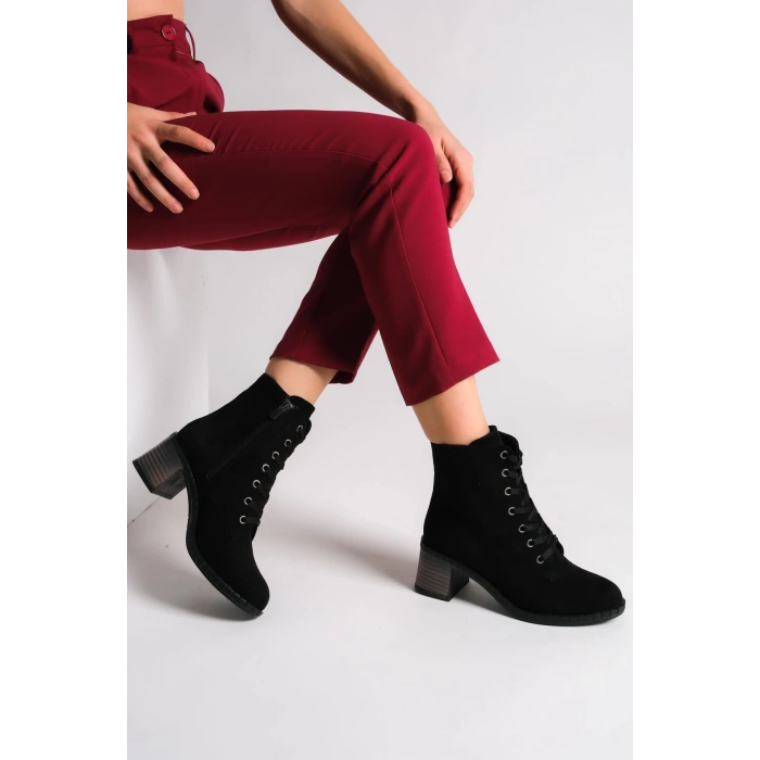 DIANA Bağcıklı Fermuarlı Ortopedik Taban Topuklu Süet Kadın Bot  SST - Siyah