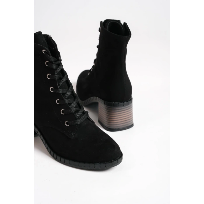 DIANA Bağcıklı Fermuarlı Ortopedik Taban Topuklu Süet Kadın Bot  SST - Siyah